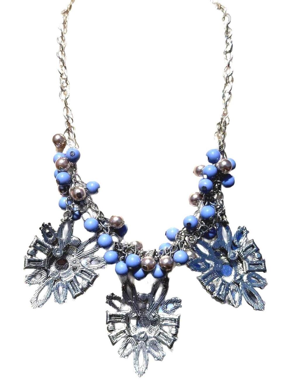 NY & Co Blue Floral Statement Necklace Beaded Vintage Y2K - Picture 4 of 5